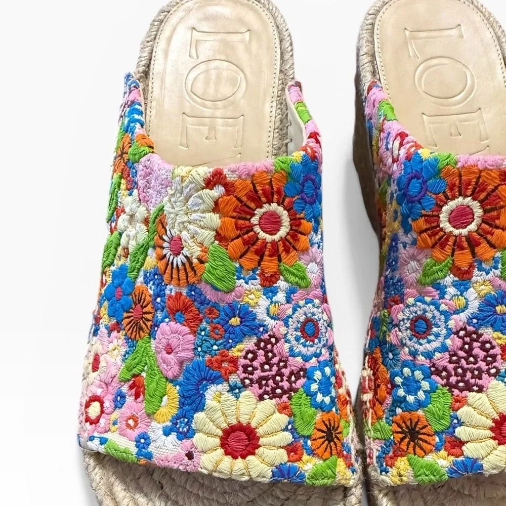 Loewe x Paula's Ibiza Petal Embroidered Canvas Platform Espadrille Mules EU 37